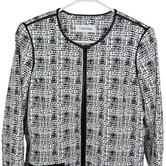 Calvin Klein White Black Printed Jacket Faux-Leather-Trim Long Duster Size 8 - Picture 2 of 13